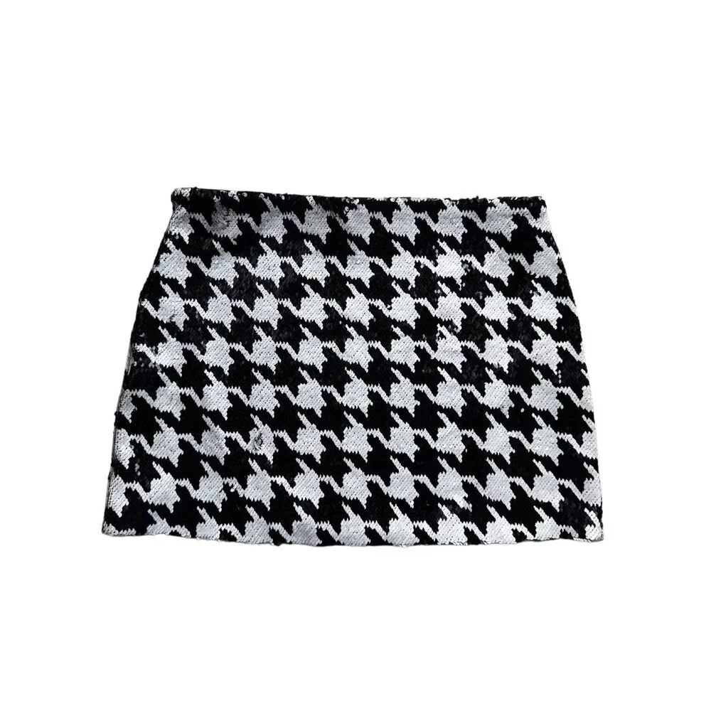 ZARA Black & White Sequined Houndstooth Mini Skirt Size L